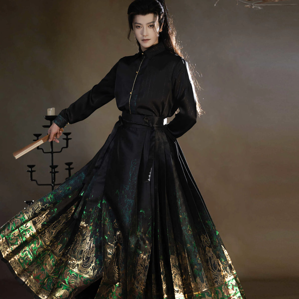 Black satin-look shirt with green and gold Four Divine Beasts mamian skirt