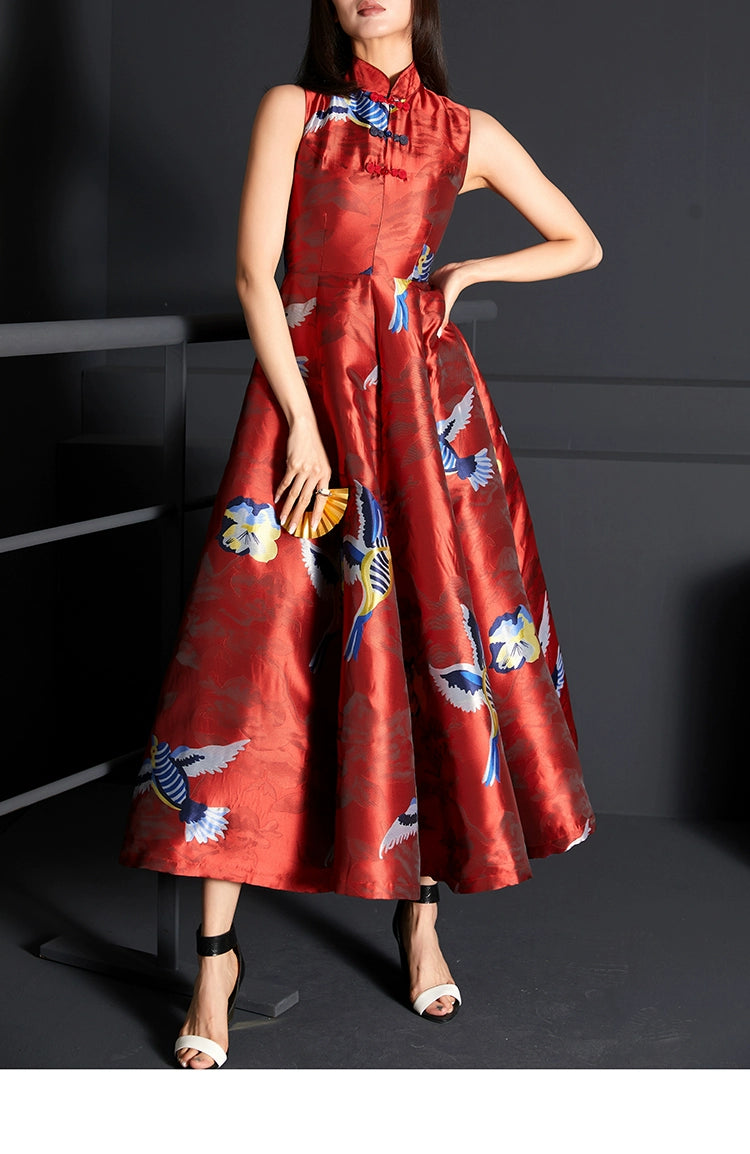 Full-length view of red brocade jacquard cheongsam dress with flared design.