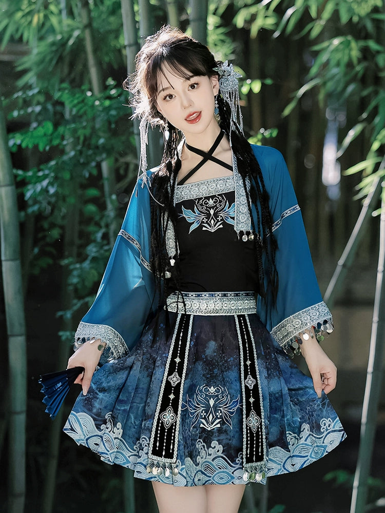 Silver Bell Hanfu Women's Han Element Improved Top Half Skirt Ancient Clothing Full Set Miao Xinjiang Exotic Style Daily