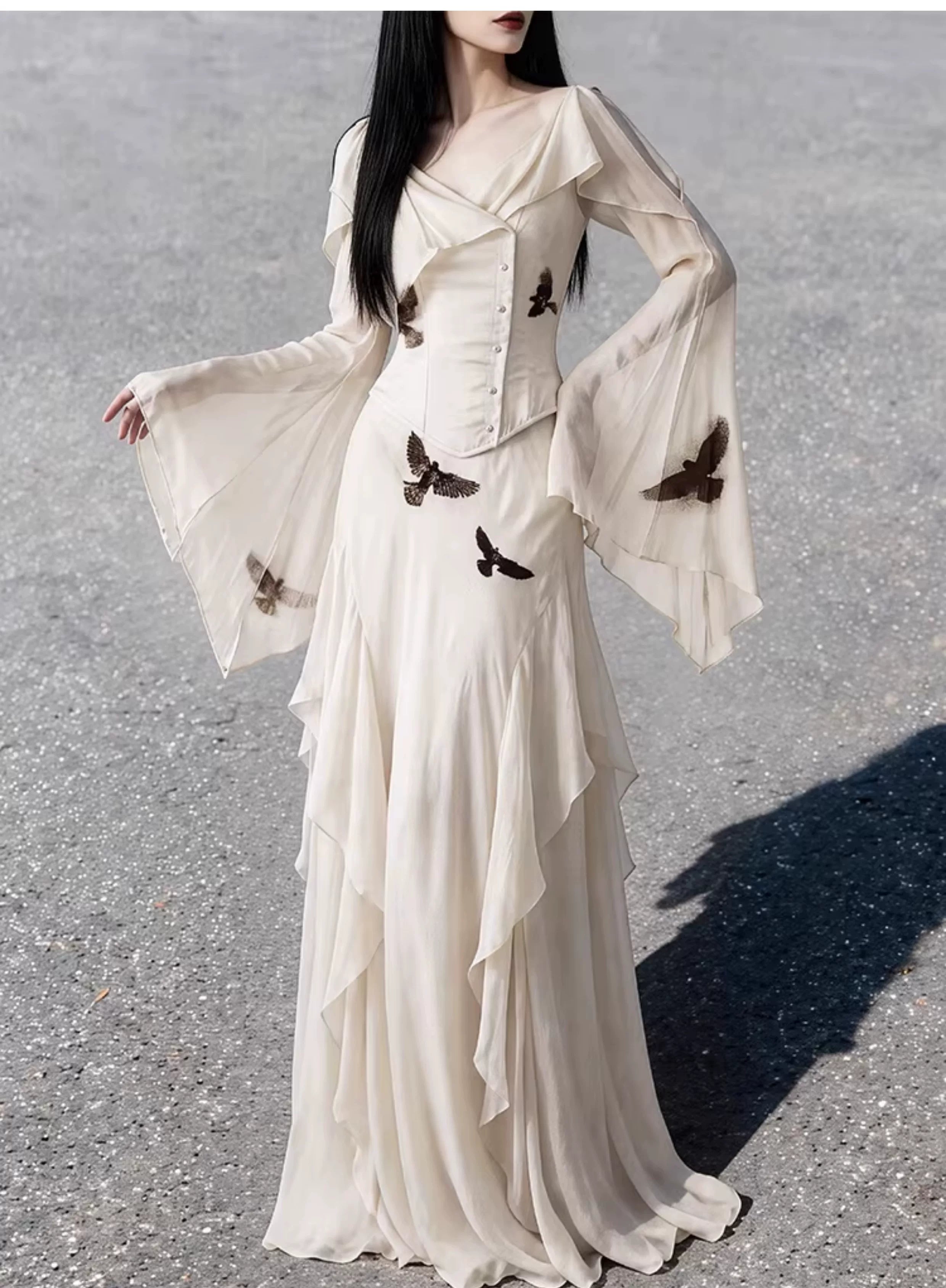 Beige Bird Embroidered Chiffon Set | Lapel Top & Ruffle Skirt New Chinese