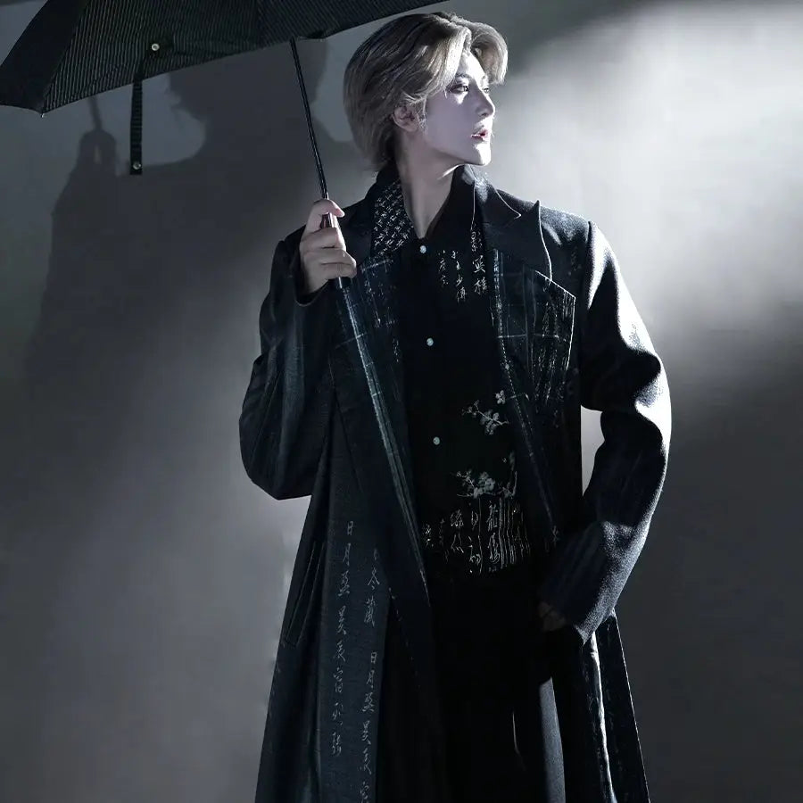 Ink Rhythm – Unisex Wool Coat Set in New Chinese Style | Calligraphy-Inspired Ink Wash Design