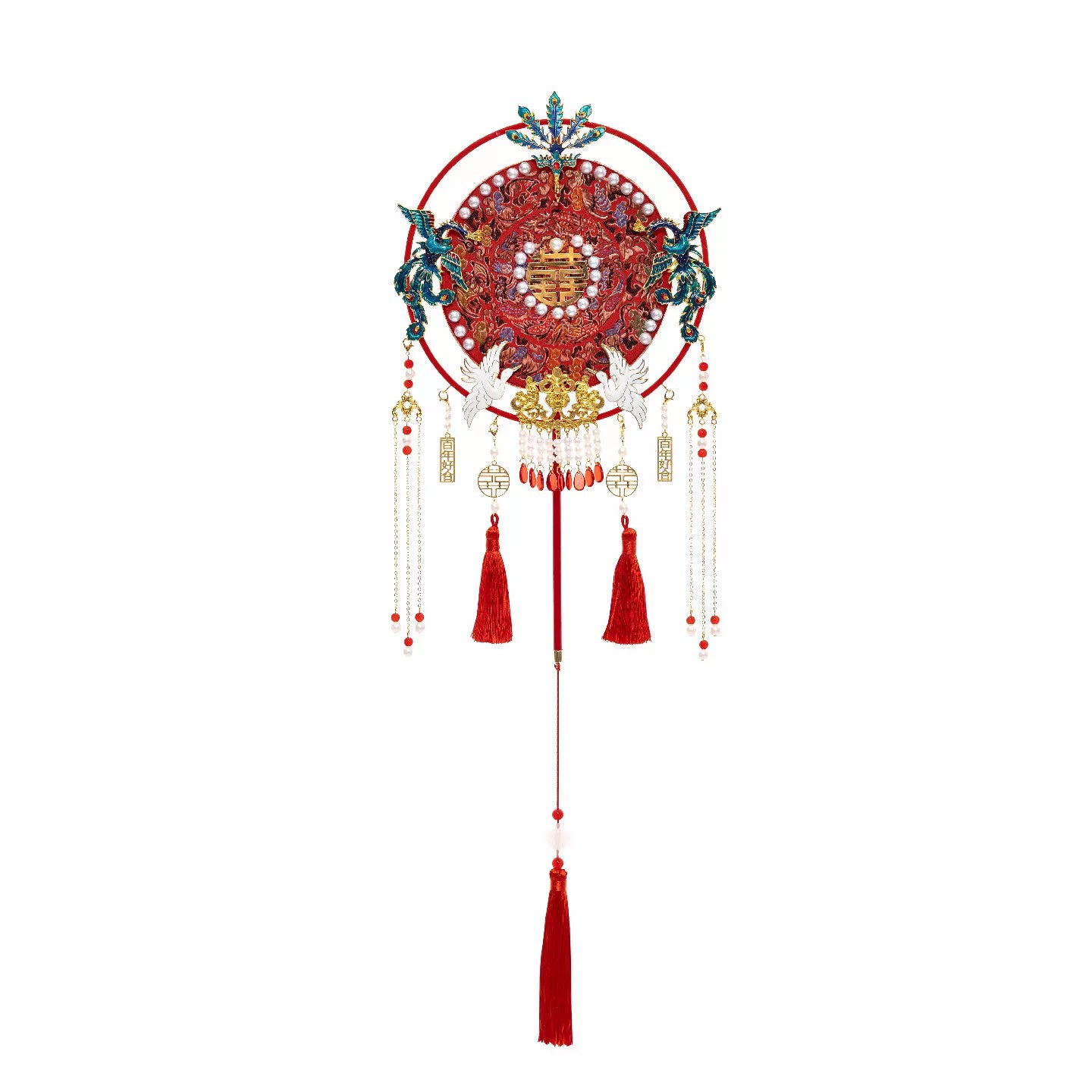 Chinese wedding Hanfu accessory option for bridal veil and fan styling