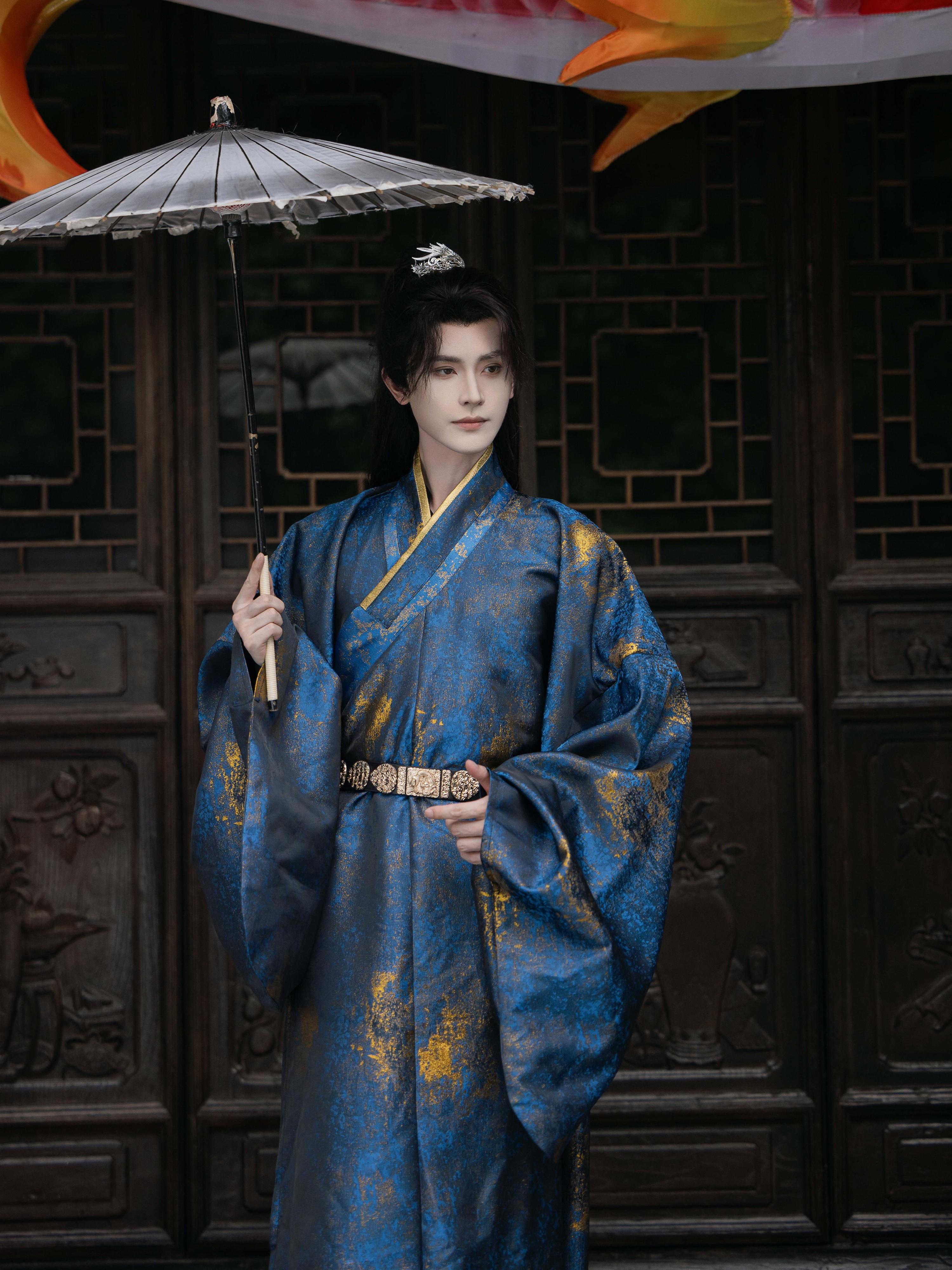 [Galaxy] Weaving gold splashing ink blue gold Ming wide-sleeved Taoist robe men's Hanfu bronzing Chinese style