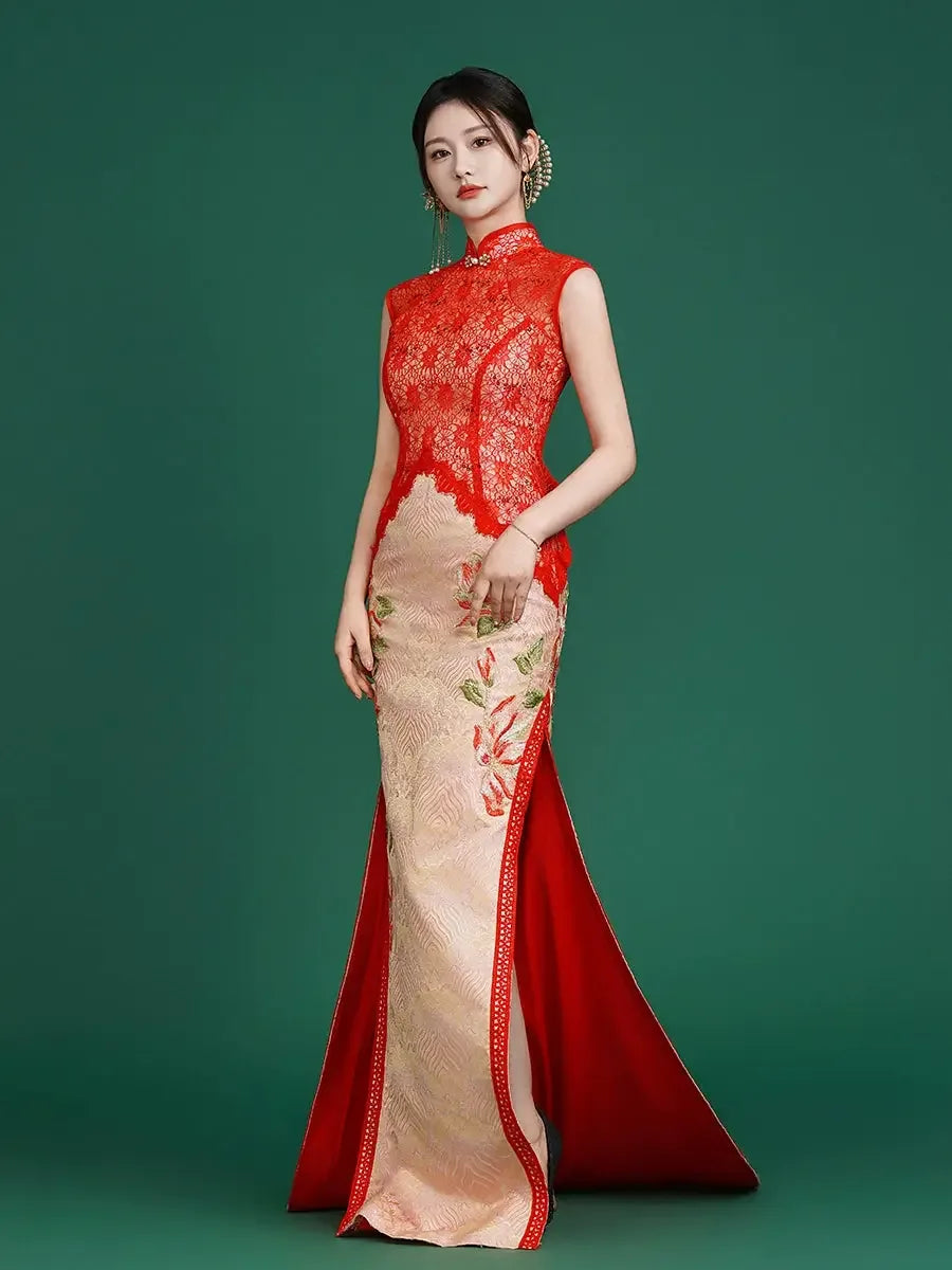 Imperial Red – Luxury New Chinese Style Sleeveless Qipao for Runway & Red Sleeveless Jacquard Trailing / XXXL