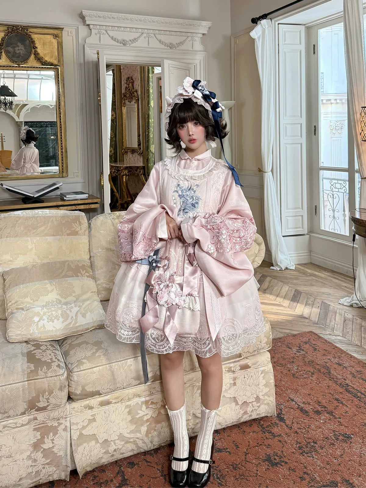 East-Meets-West Pink Two-Piece Set | Romance Embroidered Hanfu Blouse & Over Skirt - Yandan_Hanfu