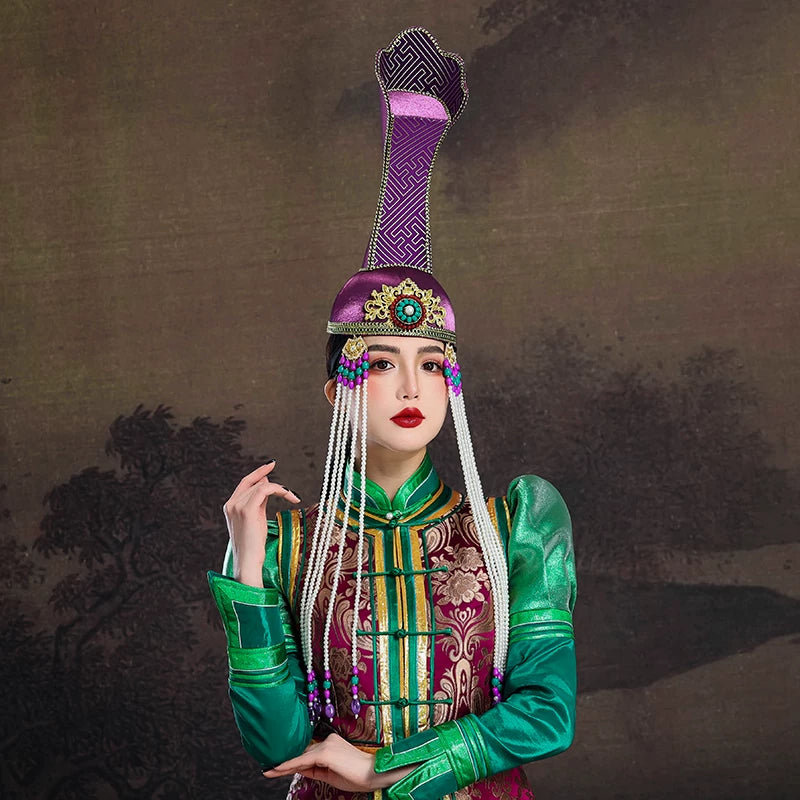 Women's Mongolian robe green dress vest high-end ethnic dress - Purple hat / one size fits all Women's Mongolian robe green dress vest high-end ethnic dress - Purple hat / one size fits all