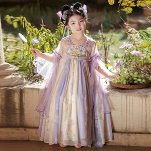 Tang Dynasty Purple Hanfu girls ancient summer dress with floral embroidery and traditional hairstyle, ideal for festive summer occasions.