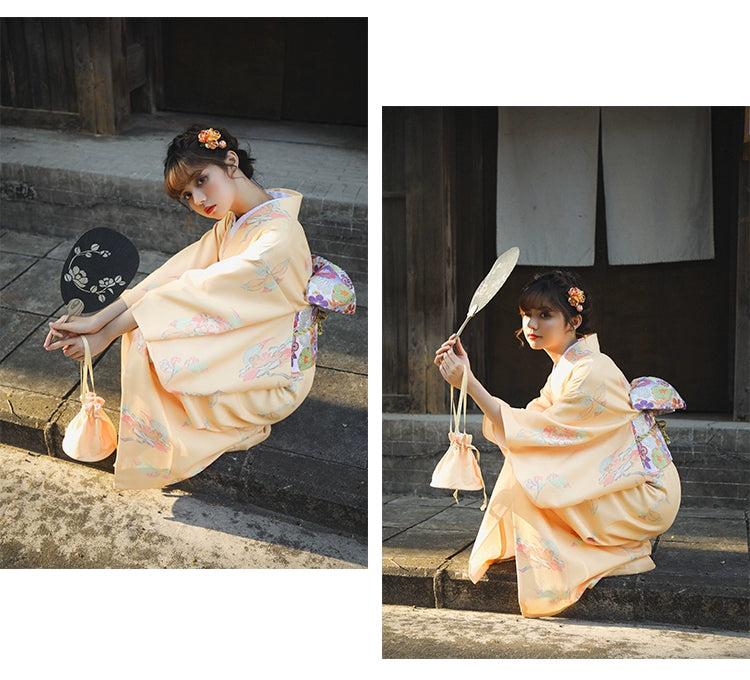 Two images of a woman in an orange Japanese kimono-style yukata with floral patterns, sitting and holding a decorative fan.