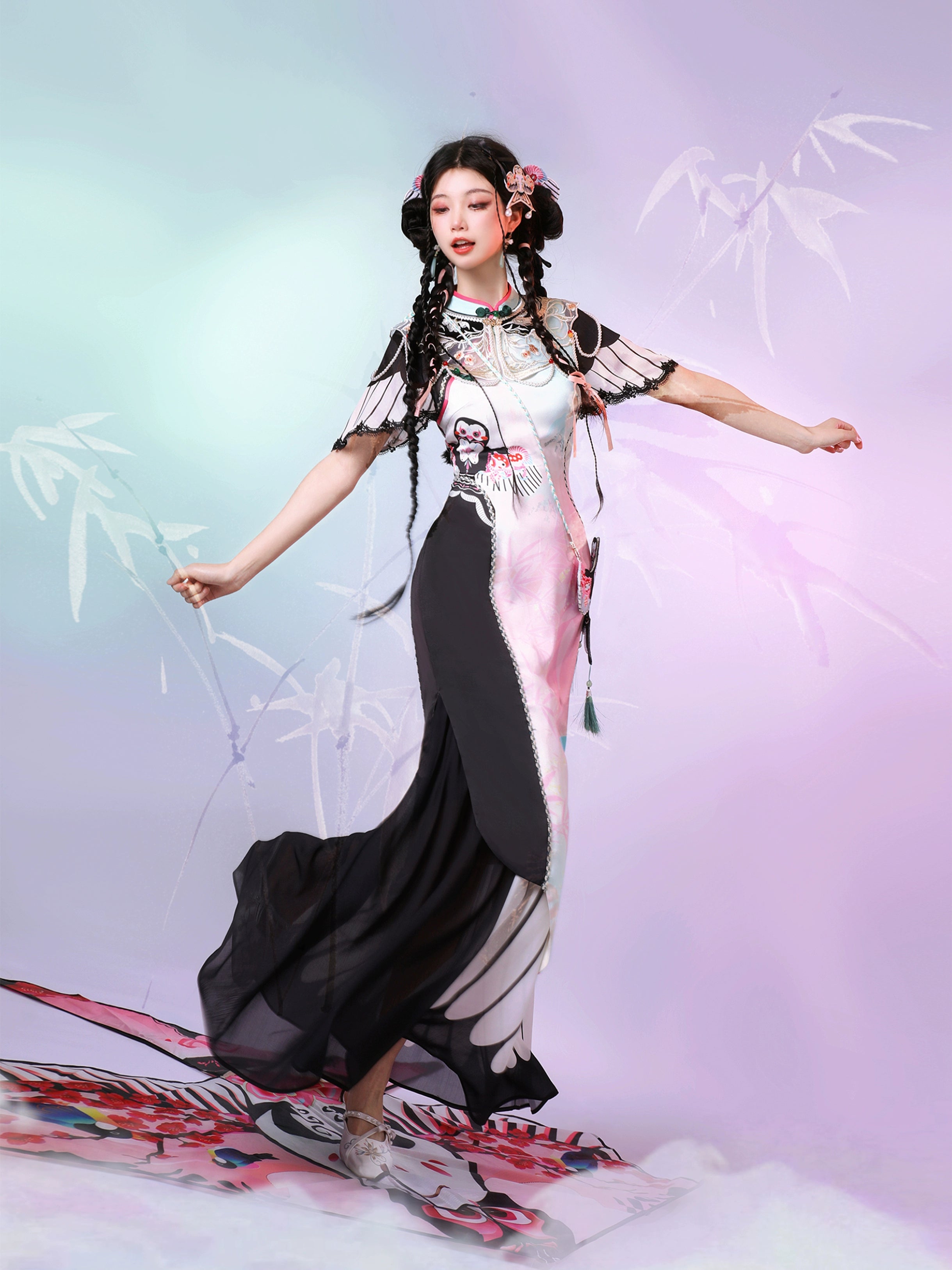Blush Kite Qipao – Layered Faux Two-Piece Cheongsam in Modern Hanfu Style