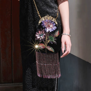 Embroidered Butterflies Black Bag | Canvas Crossbody with Beaded Chain - Yandan_Hanfu
