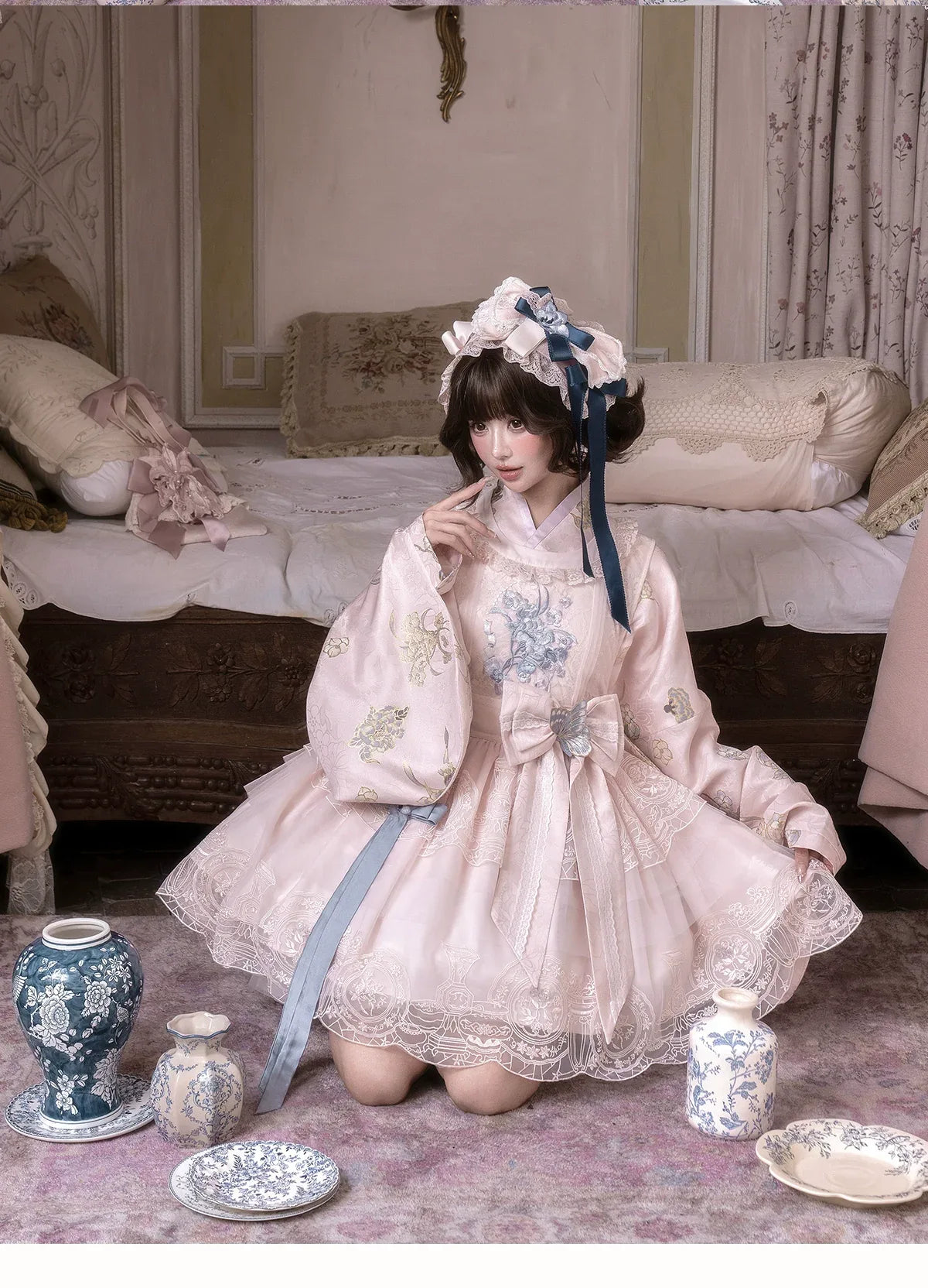 East-Meets-West Pink Two-Piece Set | Romance Embroidered Hanfu Blouse & Over Skirt - Yandan_Hanfu