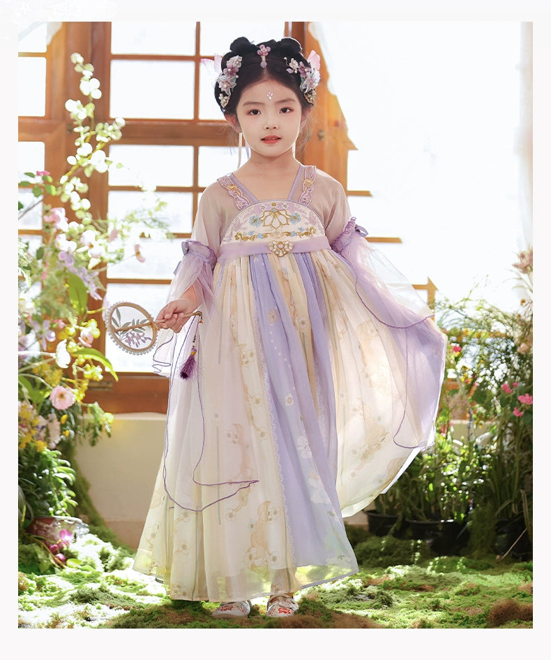 Tang Dynasty Purple Hanfu girls ancient summer dress with pastel tones and floral embroidery, styled for traditional summer festivities.