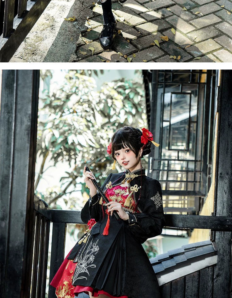 Suspender dress from the Lolita cheongsam set, featuring a red and black design with floral embroidery, gold embellishments, and an asymmetrical skirt.