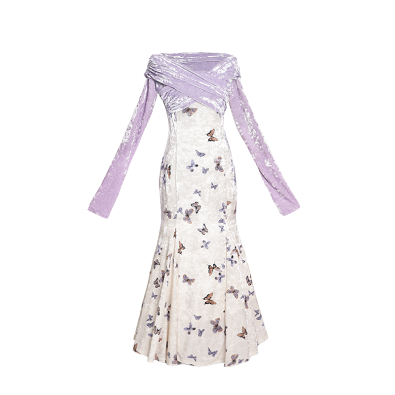 Standalone view of a purple velvet off-shoulder fishtail dress with butterfly prints, showcasing its elegant design.