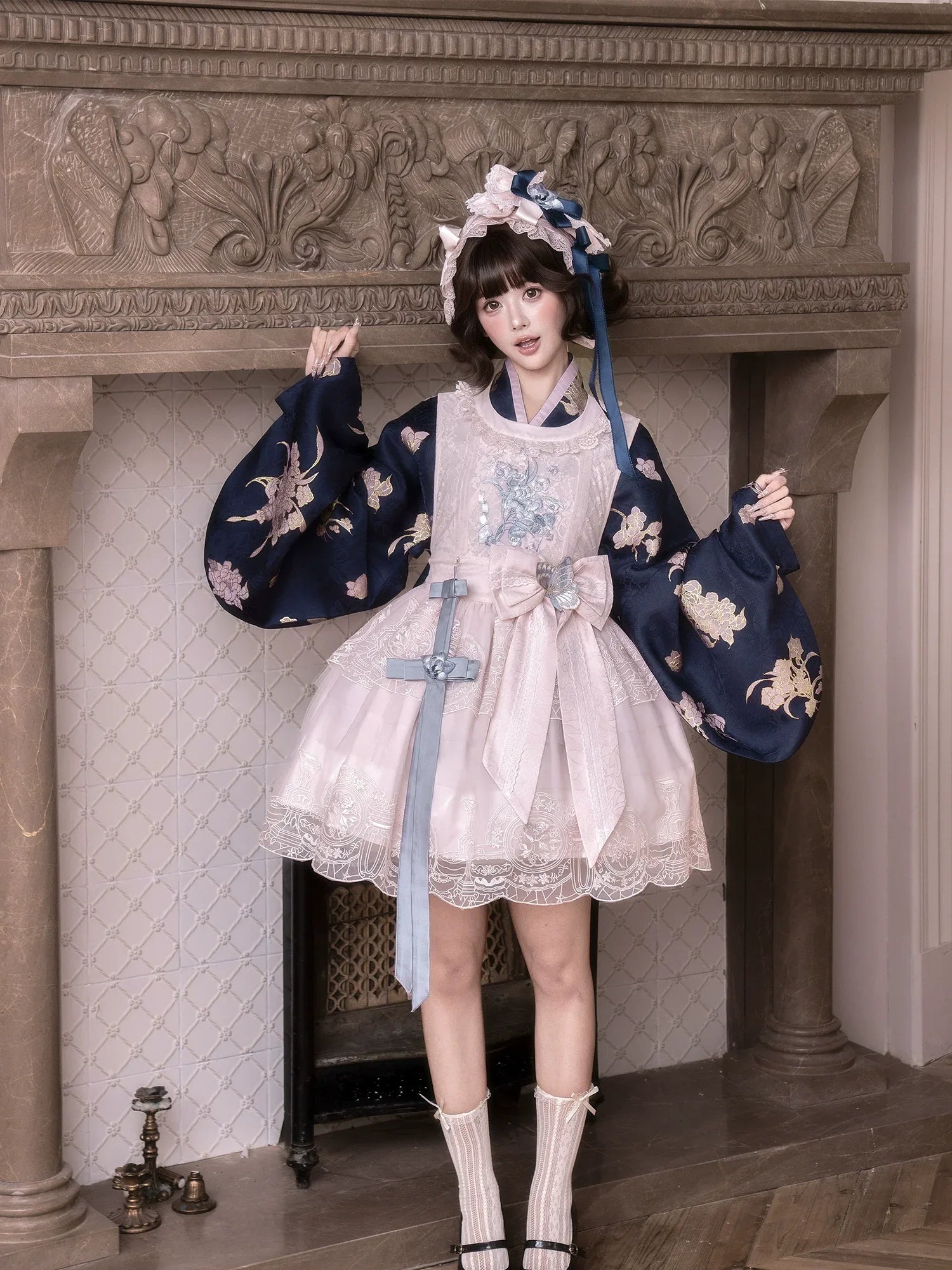 East-Meets-West Pink Two-Piece Set | Romance Embroidered Hanfu Blouse & Over Skirt - Yandan_Hanfu