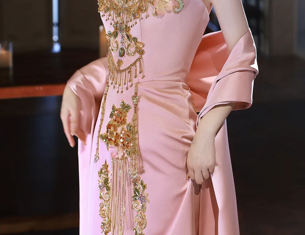 Jade Pool Original New Chinese Style Evening Gown for Engagement & rich powder / M Jade Pool Original New Chinese Style Evening Gown for Engagement & rich powder / M