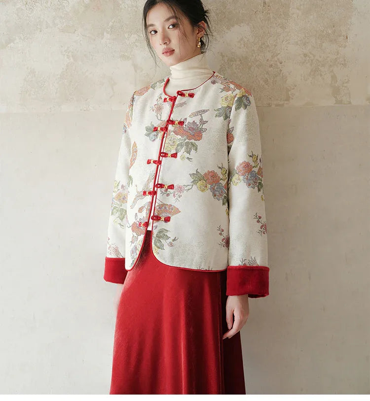 Red Velvet Cheongsam Modern Chinese Winter Dress with Butterfly Bea Skirt (Silver Vermilion) / L Red Velvet Cheongsam Modern Chinese Winter Dress with Butterfly Bea Skirt (Silver Vermilion) / L