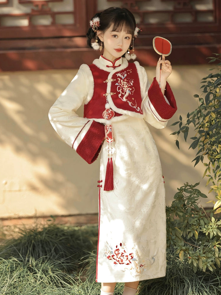 autumn and winter lolita spring dawn Chinese style short vest new year red robe long sleeve op cheongsam dress