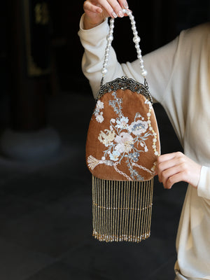 Brown Velvet Evening Clutch | Hand-Embroidered with Elegant Fringe Qipao Bag - Yandan_Hanfu