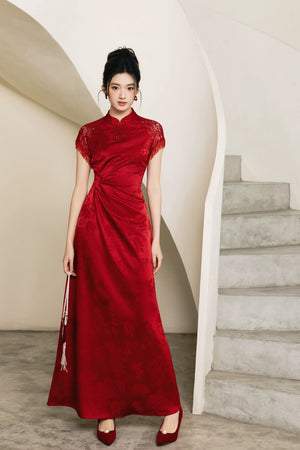 Front view of red lace-sleeve A-line cheongsam wedding dress