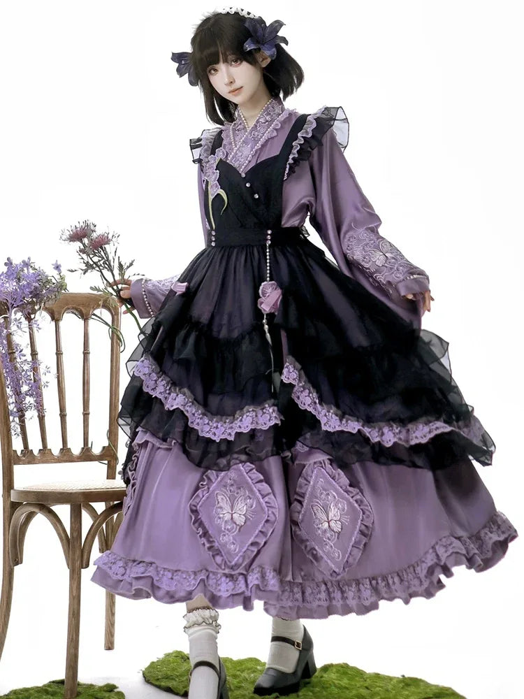 Chinese-Inspired Purple Lolita Dress – Elegant Daily Wear with Apron, Vintage Maid Style & Cottagecore Touch - Yandan_Hanfu