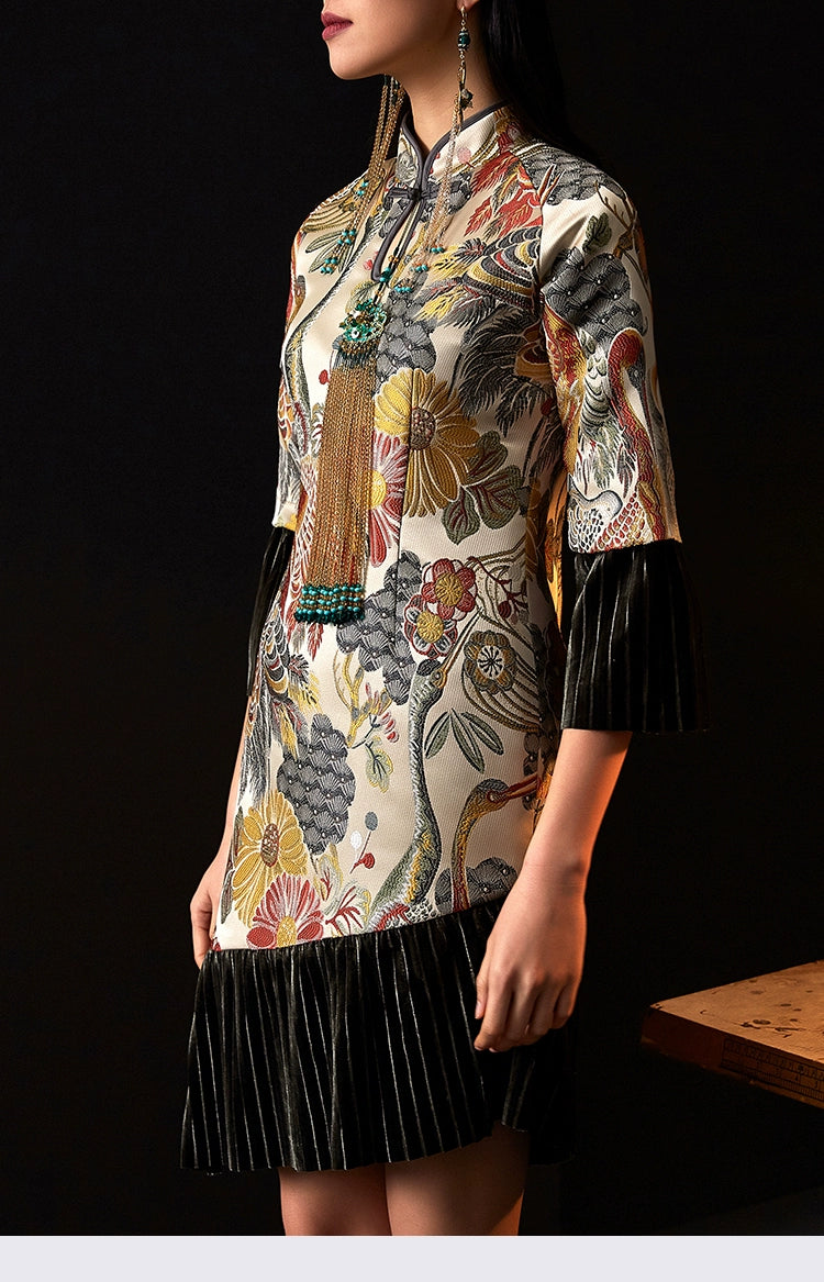 Side view of jacquard cheongsam dress with intricate floral patterns.