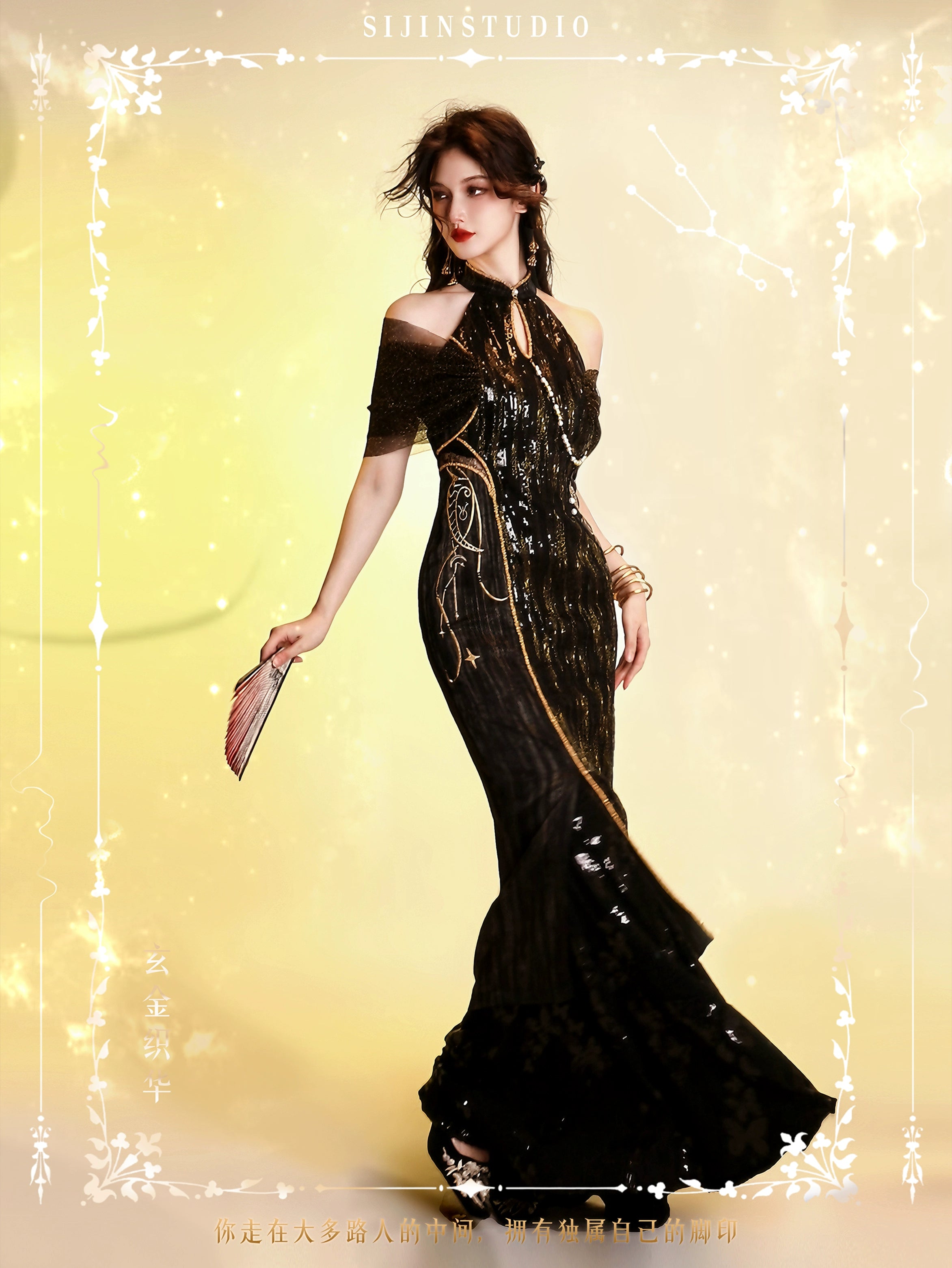 Aries Goldflow – Textured Satin Mermaid Qipao Dress from the Zodiac Collection