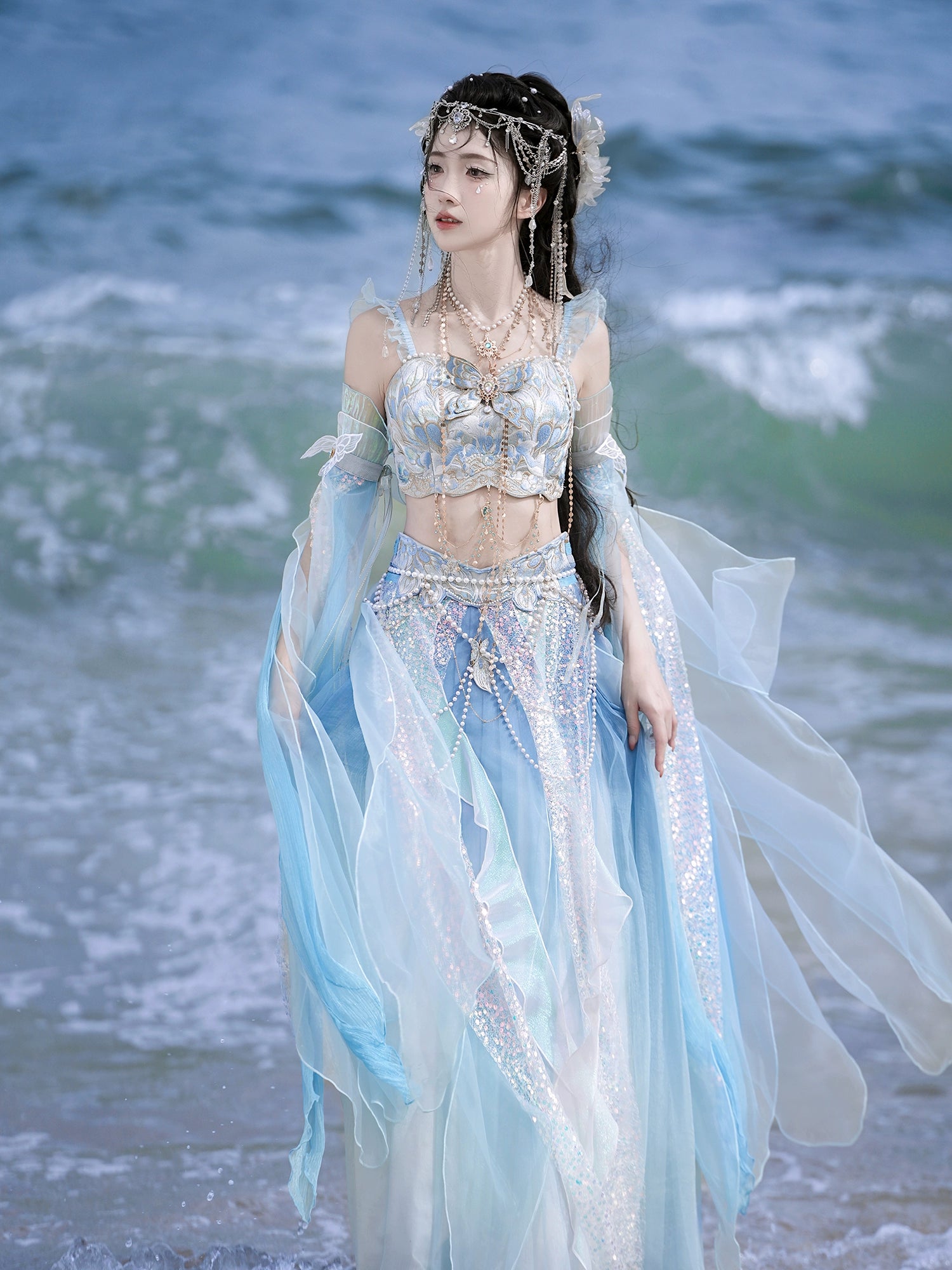 Elegant [Peacock Plume] Blue Embroidered Dance Suit Mermaid Princess Dress with ornate bodice and layered skirt, perfect for seaside dance events.