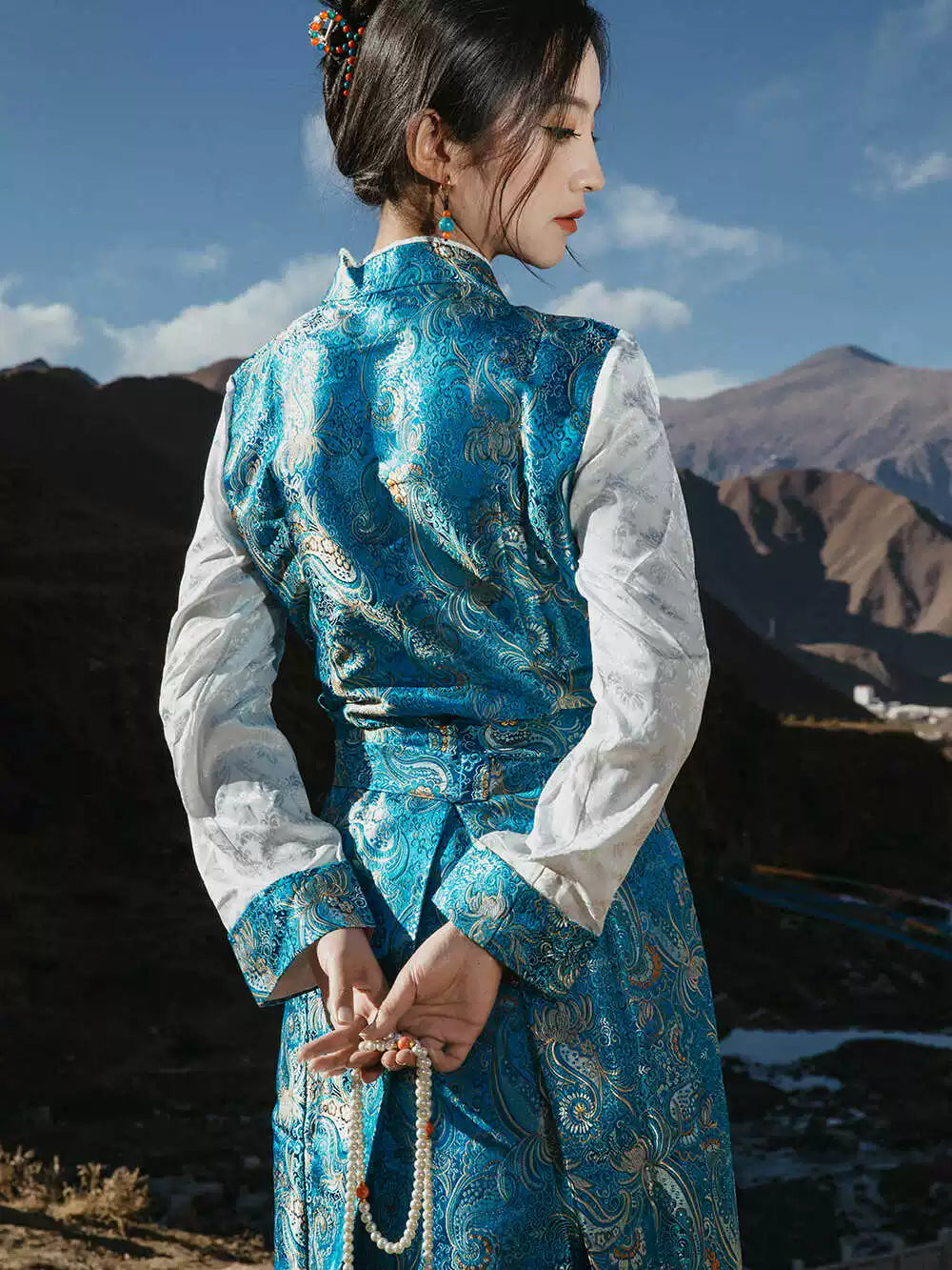 Blue Satin Tibetan Long Dress | Women's Traditional Bora Dress Xizang Clothing