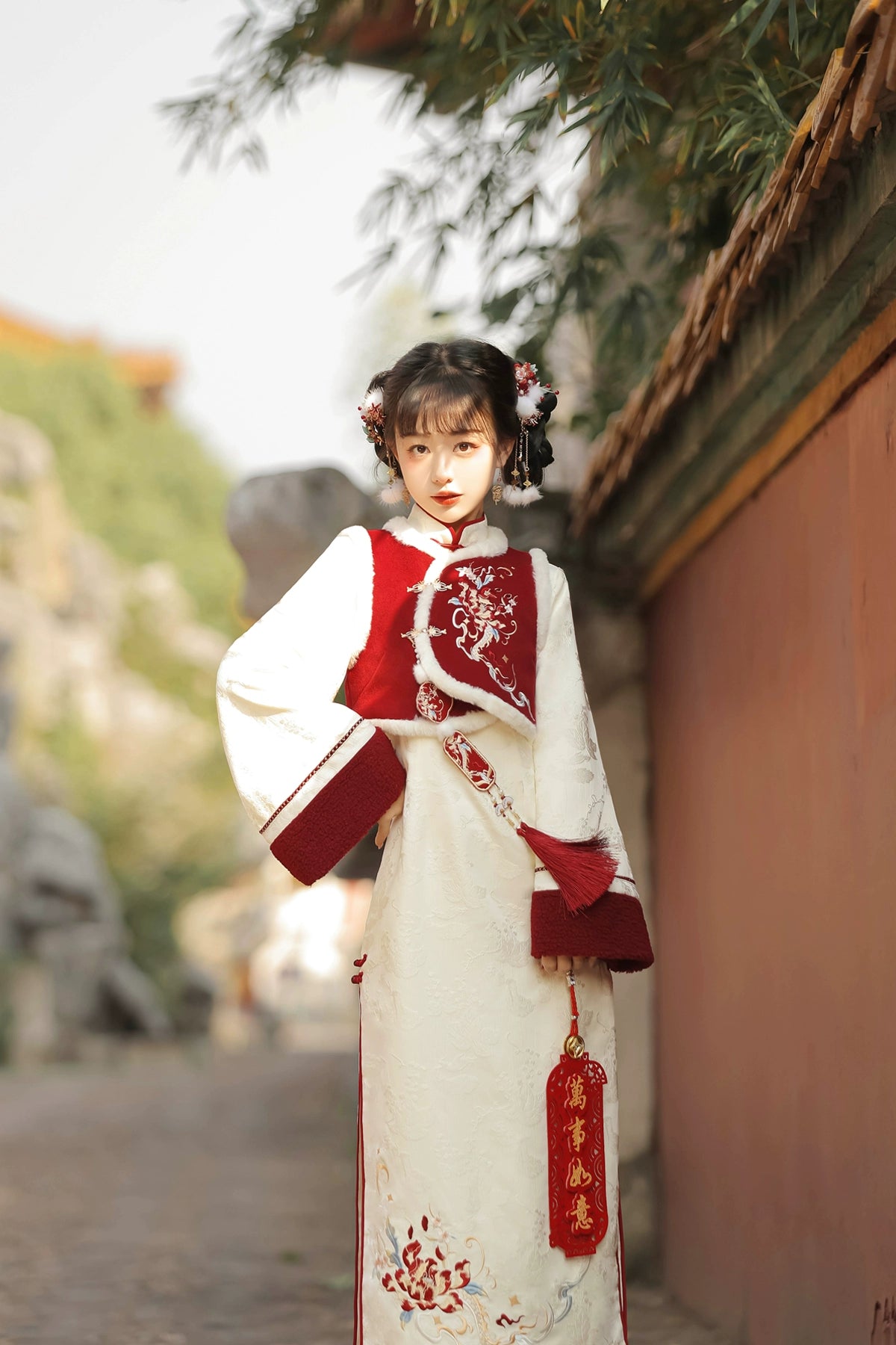 autumn and winter lolita spring dawn Chinese style short vest new year red robe long sleeve op cheongsam dress