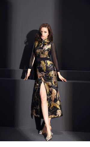 Elegant tiger pattern cheongsam with split-end and retro satin design.