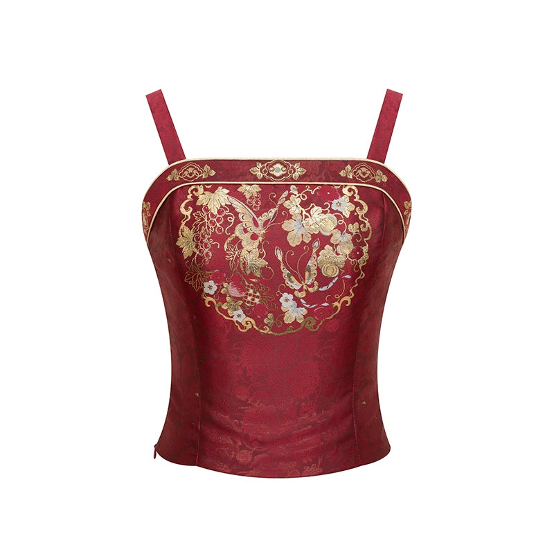 Embroidered corset-style top with floral and phoenix design from [Dan Que Acacia] New Chinese Style Red Wedding Dress.