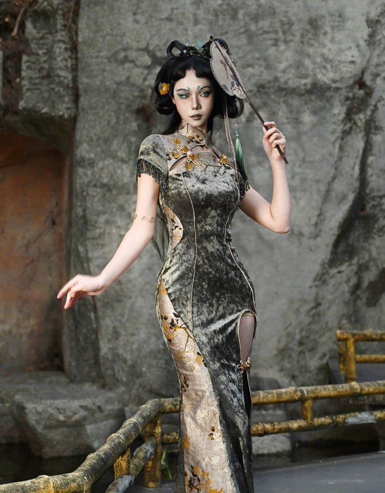 Spring Dragon Festival, Chinese national style disc buckle slim fish tail long slit cheongsam dress