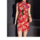 Front view of red cheongsam dress with dragon totem and blue accents.