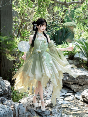 Chinese Lolita Dress Women's Summer in soft green tones, featuring layered chiffon and flower details for a graceful seasonal look.