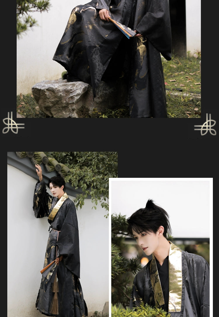 Song Dynasty Hanfu: Elegant Yuanshi large-sleeved shirts, noble Jin and Tang Dynasty menswear, adorned with jade pendants and fans. Made in the Ming Dynasty Taoist robes: gold and black textured, embodying aristocratic refinement.