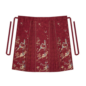 Pleated skirt with bird and floral embroidery from [Dan Que Acacia] New Chinese Style Red Wedding Dress ensemble.