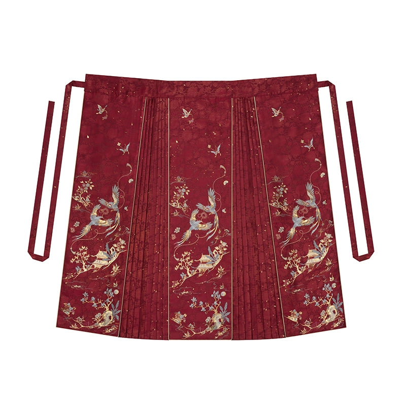 Pleated skirt with bird and floral embroidery from [Dan Que Acacia] New Chinese Style Red Wedding Dress ensemble.