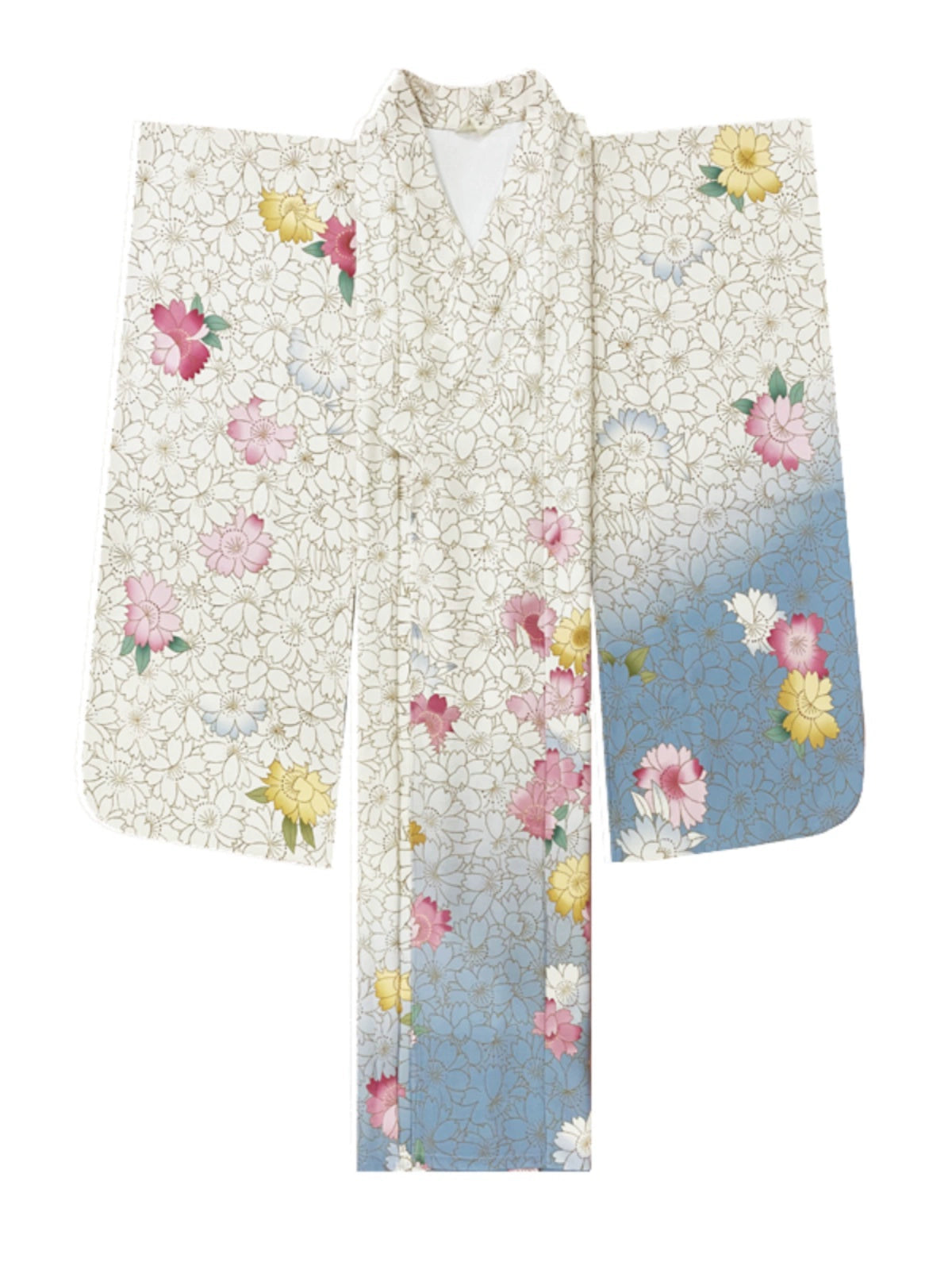 Flat-lay of a white Japanese kimono with vibrant floral patterns and blue accents.