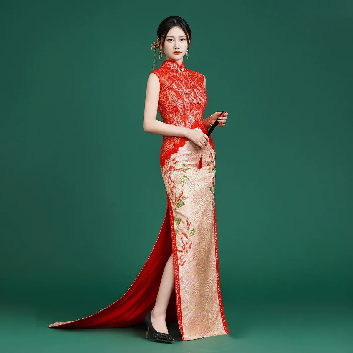 Imperial Red Luxury New Chinese Style Sleeveless Qipao for Runway & Red Sleeveless Jacquard Trailing / XXXL Imperial Red Luxury New Chinese Style Sleeveless Qipao for Runway & Red Sleeveless Jacquard Trailing / XXXL