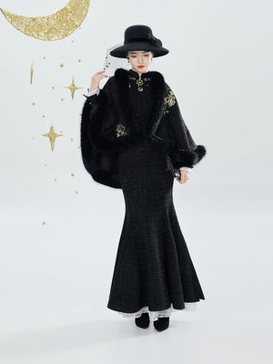 Black qipao and cape full-length front view
