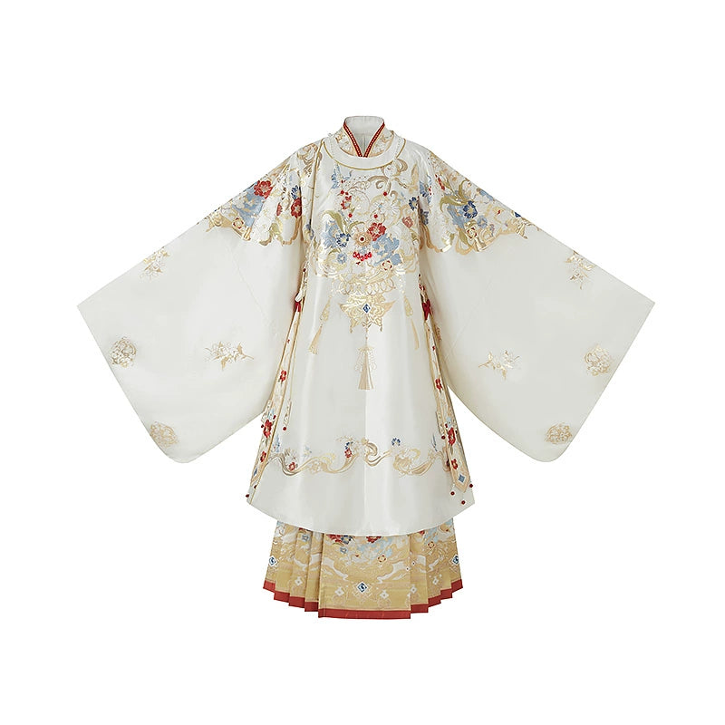 Cloud Hidden Moon Embroidery-Gilt Ming-Dynasty Flower Crew Neck Robe Wedding Clothing Hanfu Women's Spring