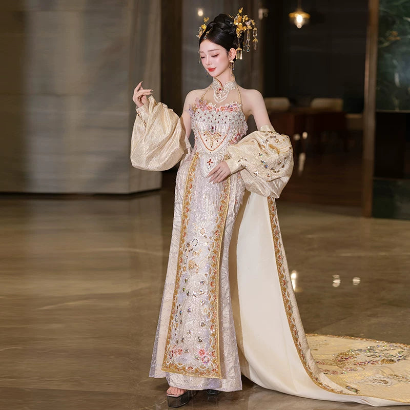Champagne Silk Mermaid Wedding Dress with Train | New Chinese Style Bridal Gown Yandan_Hanfu Champagne Silk Mermaid Wedding Dress with Train | New Chinese Style Bridal Gown Yandan_Hanfu