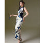 Velvet butterfly printing elastic cheongsam