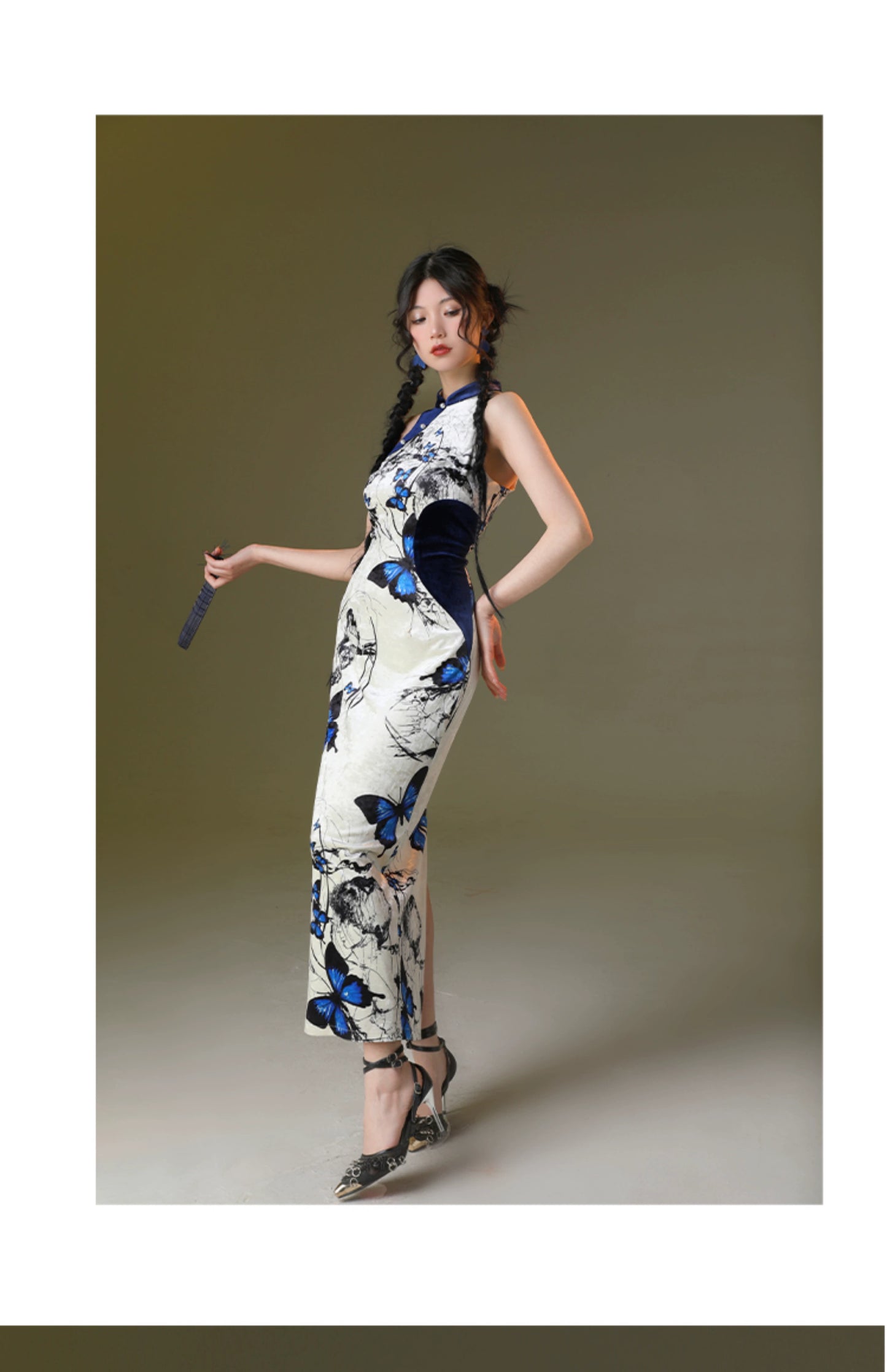 Velvet butterfly printing elastic cheongsam