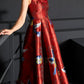 Side angle of red brocade jacquard cheongsam dress with glossy satin texture.