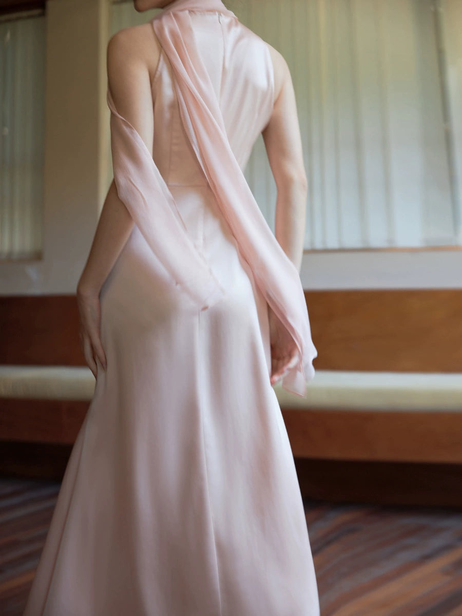100% Acetate Mulberry Silk Modern Chinese Dress – Versatile Shawl Design, Off-Shoulder Summer Evening Gown