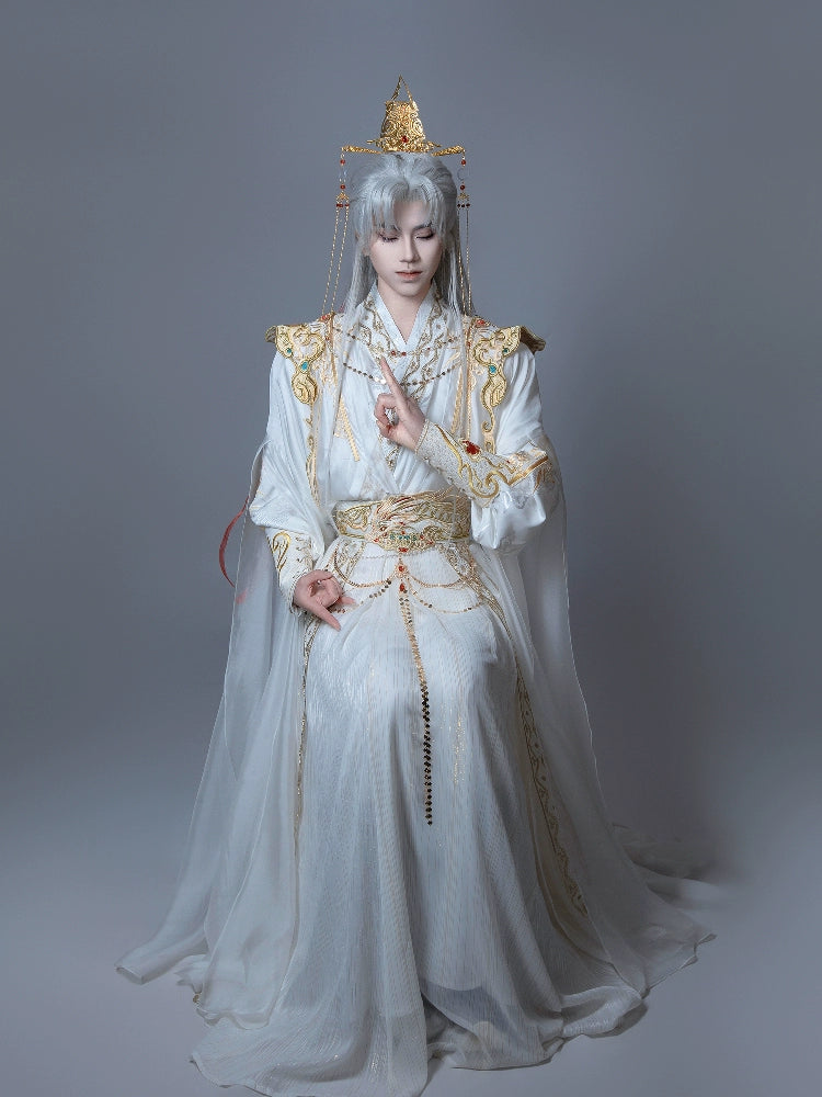 【Radiance of the Dragon】 White Hanfu Ensemble with Cross-Collar, Clouded Shoulders & Embroidered Seal men Unisex