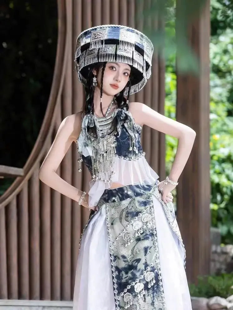 Miao tie-dye clothing female minority Hunan Guizhou Yunnan ethnic style  Clothes Skirts S