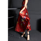 Side profile of red satin cheongsam dress with intricate jacquard patterns.